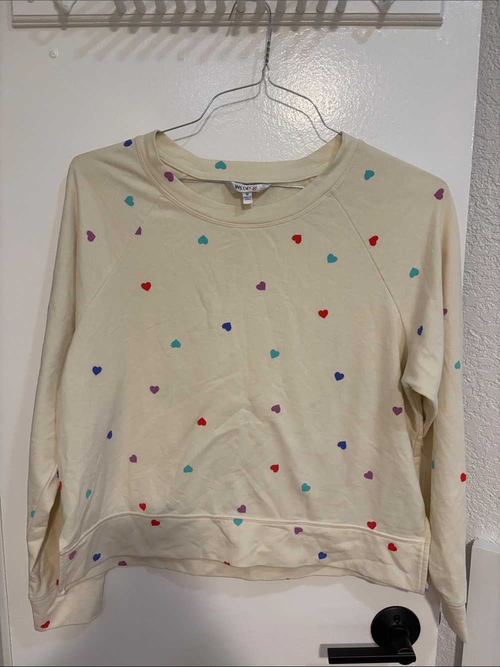 Wildfox Cream Crewneck Sweater with Multicolor Heart Print